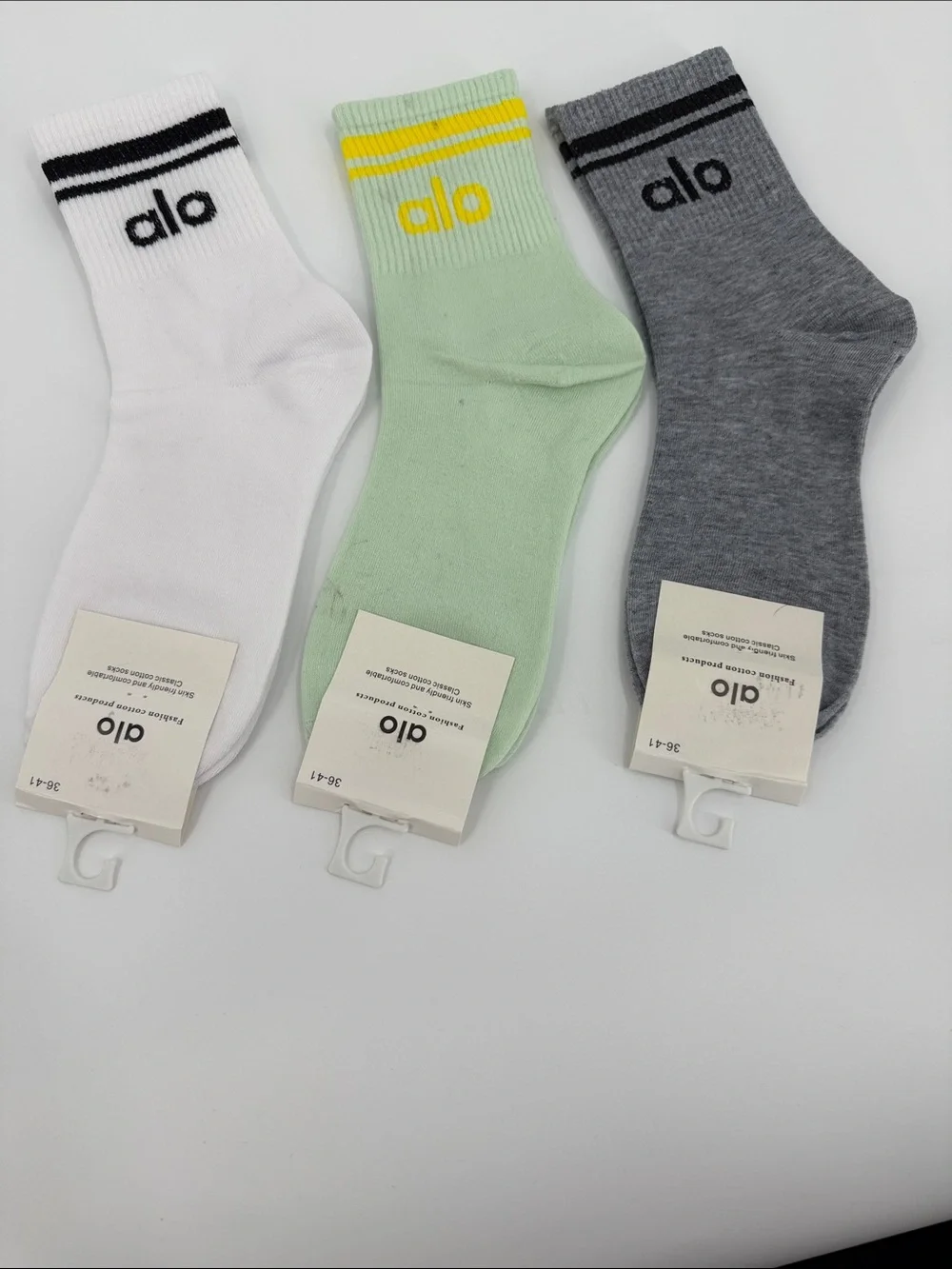 ALO Yoga  Crew Socks Pack – Cream, White, Mint, Gray with Accent Stripes 5 Pairs